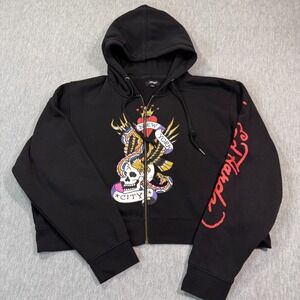 Ed Hardy Hoodie Women 2X Black Zip Up Tattoo Skull NYC Streetwear Punk Cropped